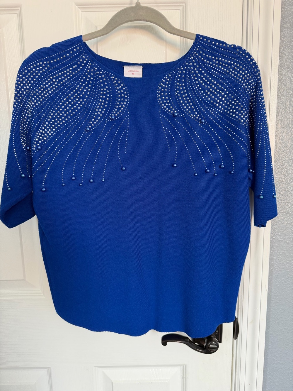 Embellished Royal Blue Short-Sleeve Crewneck Top